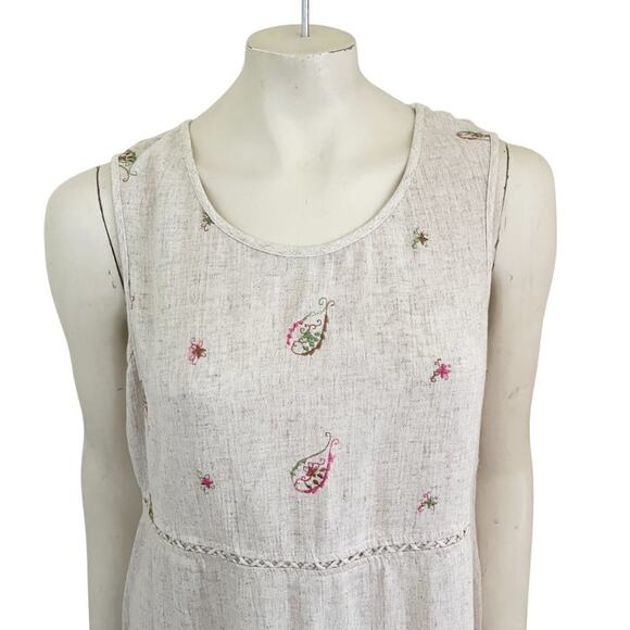 VTG NANCY BOLEN Flax Blend Embroidered Sleeveless Maxi Dress in Oatmeal SZ L - Picture 2 of 11